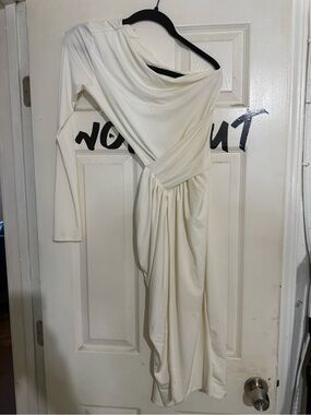 Fashion Nova Cream Asymmetrical One-Shoulder Draped Maxi Dress